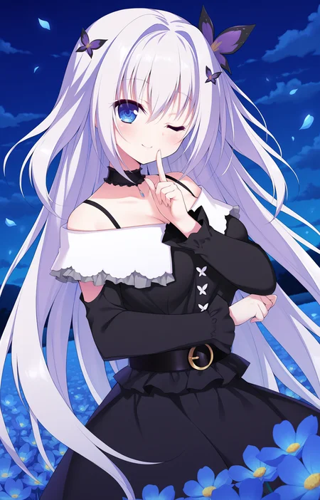 masterpiece, best quality, high quality, detailed, absurdres,newest, scenery, 1girl, solo, official style,best perspective,depth of field, very_aesthetic, best_quality ,high_resolusion, (8K:1.5),,crisp quality, ultra detailed,perfect anatomy,perfect lighting,anime screencap, perfect eyes,detailed eyes,<lora:Ran_Flip_Flop_V2_Illustrious:1>,1girl,Ran,Blue eyes,Long hair,white hair, Very long hair,hair between eyes,bangs,hair intakes,two side up,medium breasts,Casual Ran,dress,hair ornament,long sleeves,butterfly hair ornament,choker,collarbone,belt,off-shoulder dress,black dress,bare shoulders,frills,off shoulder,two side up,black choker,frilled dress,
1girl, solo, one eye closed, flower, finger to mouth, looking at viewer, smile, sky, petals, outdoors, blue flower, field, ;), cloud, from side, closed mouth, shushing, floating hair, flower field,index finger raised, hand up, blue sky, standing,night,(upper body:1.2),perfect hands,