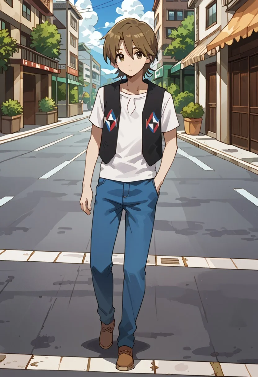 score_9, score_8_up, score_7_up, score_6_up, highly detailed,Good Colors, Good Shading, Good Eyes, Contrast Shading, male focus, slim, skinny, slim body, young man, correct anatomy, Yasaburo, 1boy, male_focus, brown hair, brown eyes, white shirt, blue pants, brown shoes, black vest, japanese city street, summer, walking