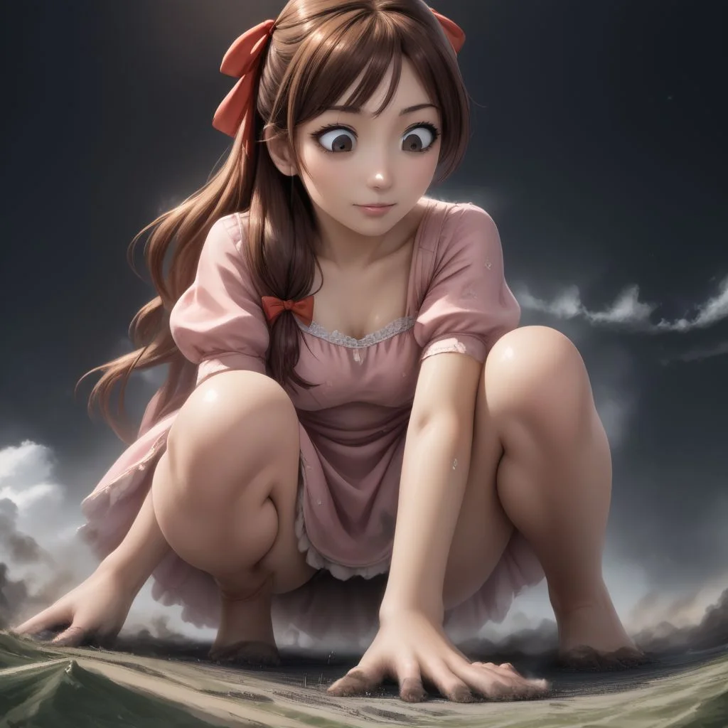 score_9, score_8_up, score_7_up, score_6_up, macro, giga macro, giantess,( 1girl:1.5), solo, solo focus,
(enju aihara, brown eyes, ribbon, hair ribbon, ribbon, long hair, brown hair, hair ornament, dress, lace dress, short sleeves, pink dress, elegant dress, flower girl, flower girl dress, bare legs, barefoot, looking down, sweating, adorable girl:1.3), (kneeling, crouching, on her knees, kneeling down:1.4), smiling,
(cute female, love, flower girl, flower girl dress, white dress:1.5), 1girl, perfect feet, feet, looking down, (sweat, sweaty, very sweaty, steam, steamy:1.4), (bare legs, barefoot:1.3), toes, (crawling, all fours, looking down:1.4), (dirty feet, sweaty feet, sweaty soles, steamy feet, dirty soles, feet dripping sweat, feet dripping with sweat, feet steaming, steam around feet, very sweaty feet, sweat on soles:1.3), flower girl, very cute girl, (dirty, digging, dirty feet, smoke around feet, smoke from destruction, muddy legs, mud on feet, dirty dress:1.3),
extreme detail, realistic, realism, masterpiece, perfect lighting, bloom, cinematic lighting, highres, (ultra realistic, 32k, masterpiece:1.2), (high detailed skin:1.1), (high quality:1.1), (detailed background, very detailed background:1.2),
(landscape:1.5), stepping on a tiny landscape, tiny landscape, tiny cities, destruction, mass destruction, from space, view from space, earth \(planet\), black background, night sky, (space), (photo background:1.2), solo, planet size, giga size
