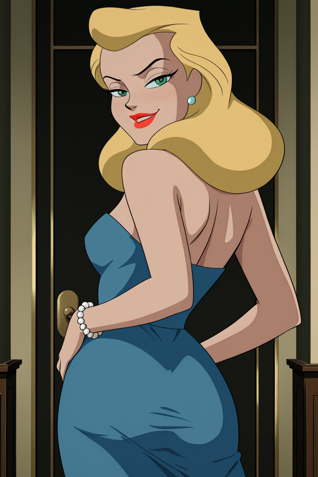 ((retro arstyle, parody), perfect anatomy, perfect eyes, cowboy shot, from behind) BREAK <lora:CatwomanIL:1> selina kyle, green eyes, blonde hair, long hair, lipstick, red lips, naughty eyes, smug, ((looking back at viewer)), strapless, strapless dress, blue dress, pearl bracelet, teasing viewer, seducing viewer, showing off hips, luxurious apartment, indoors