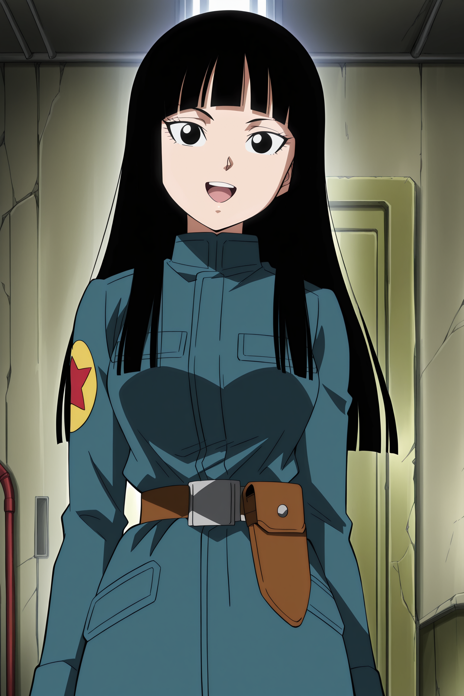 anime screencap, anime coloring, detailed face, masterpiece, best quality, very aesthetic, absurdres,  official style, amazing quality, ultra detailed,  highres, amazing quality, scenery, beautiful detailed hair, beautiful detailed eyes,
<lora:2-in-1_Mai_and_Trunks_Dragon_Ball_Super_-_Future_Trunks_Saga_appearances:1>
indoors,
Mai (character), 1girl, solo, black hair, black eyes, long hair, uniform, holster, belt, military uniform, military, looking at viewer, red star (symbol), blunt bangs, cowboy shot, confident smile, open mouth