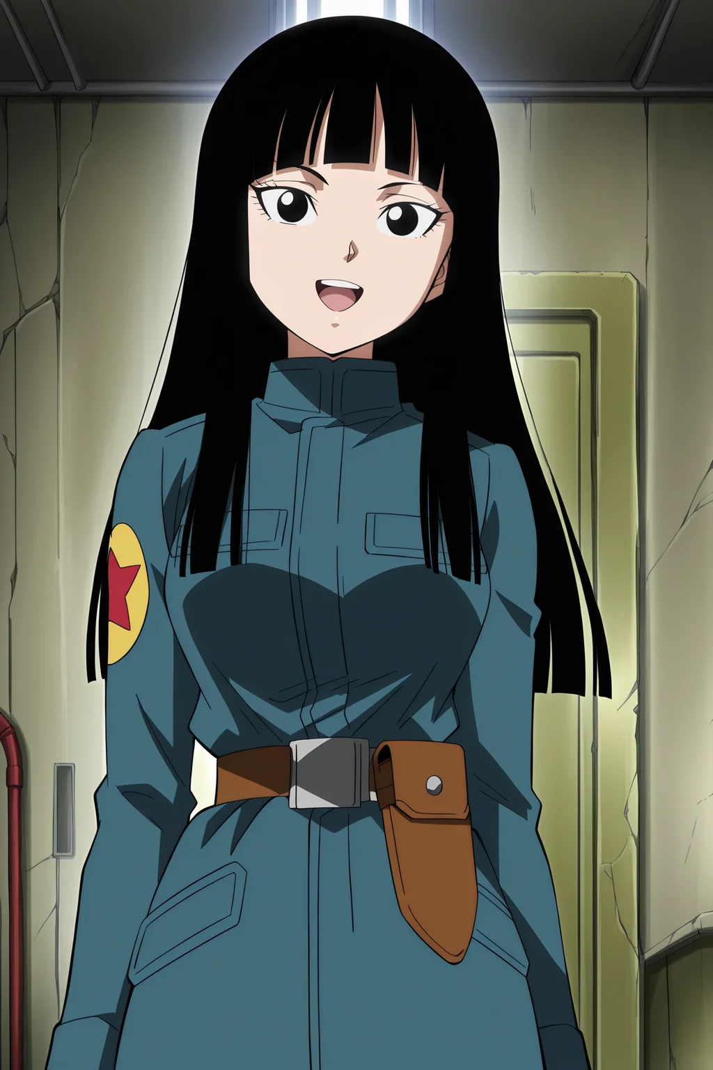anime screencap, anime coloring, detailed face, masterpiece, best quality, very aesthetic, absurdres,  official style, amazing quality, ultra detailed,  highres, amazing quality, scenery, beautiful detailed hair, beautiful detailed eyes,
<lora:2-in-1_Mai_and_Trunks_Dragon_Ball_Super_-_Future_Trunks_Saga_appearances:1>
indoors,
Mai (character), 1girl, solo, black hair, black eyes, long hair, uniform, holster, belt, military uniform, military, looking at viewer, red star (symbol), blunt bangs, cowboy shot, confident smile, open mouth