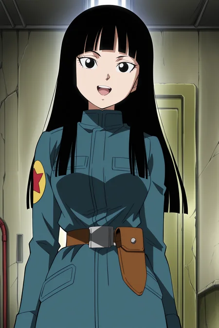anime screencap, anime coloring, detailed face, masterpiece, best quality, very aesthetic, absurdres, official style, amazing quality, ultra detailed, highres, amazing quality, scenery, beautiful detailed hair, beautiful detailed eyes,
<lora:2-in-1_Mai_and_Trunks_Dragon_Ball_Super_-_Future_Trunks_Saga_appearances:1>
indoors,
Mai (character), 1girl, solo, black hair, black eyes, long hair, uniform, holster, belt, military uniform, military, looking at viewer, red star (symbol), blunt bangs, cowboy shot, confident smile, open mouth