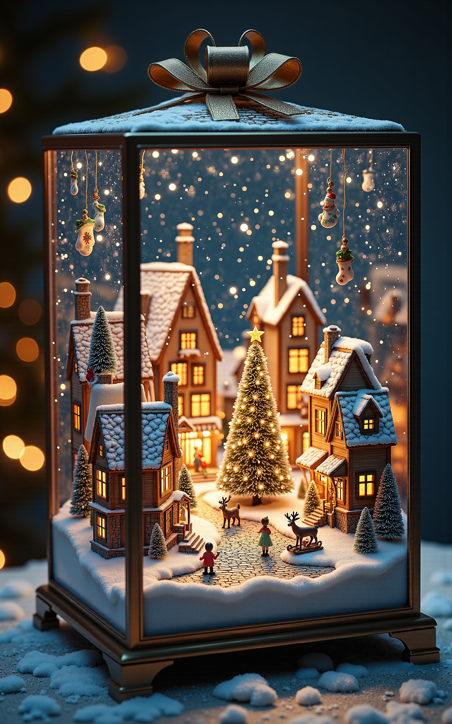 A luxurious transparent gift box containing a fantastical Christmas town scene. The miniature town includes quaint cottages with snowy rooftops, a cobblestone plaza centered around a brightly lit Christmas tree, and children playing in the snow. Delicate details such as frosted windows, reindeer figurines pulling sleighs, and colorful stockings hung on chimneys make the scene lively. The box is illuminated from within, casting soft light through its crystal-clear walls, with subtle reflections adding depth to the enchanting holiday display. <lora:aidmaMJ6.1v0.4:0.6> aidmaMJ6.1