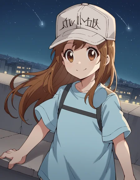 score_9, score_8_up, score_7_up, source_anime, <lora:platelet-s1-ponyxl-lora-nochekaiser:1>, platelet, long hair, brown hair, brown eyes,, shirt, hat, short sleeves, boots, white headwear, blue shirt, flat cap,, city skyline, rooftop view, night time, city lights, quiet reflection, smile, , arm resting on back of chair, solo,, cowboy shot, dutch angle