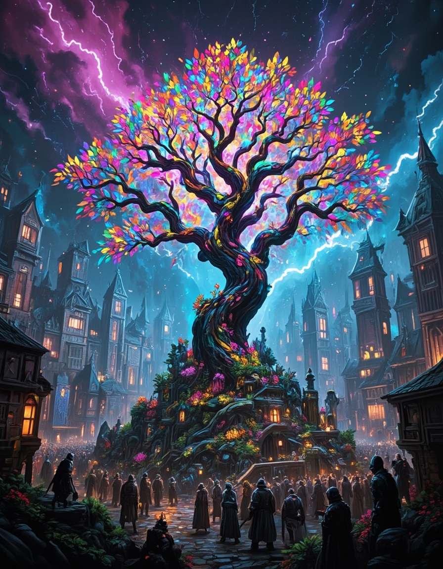 <lora:CWMinis01v2flux:1> cw01mini, hologram tree, colorful, vegetation, medieval, steampunk, cyberpunk, lighning, thunder, medieval town, crowd,