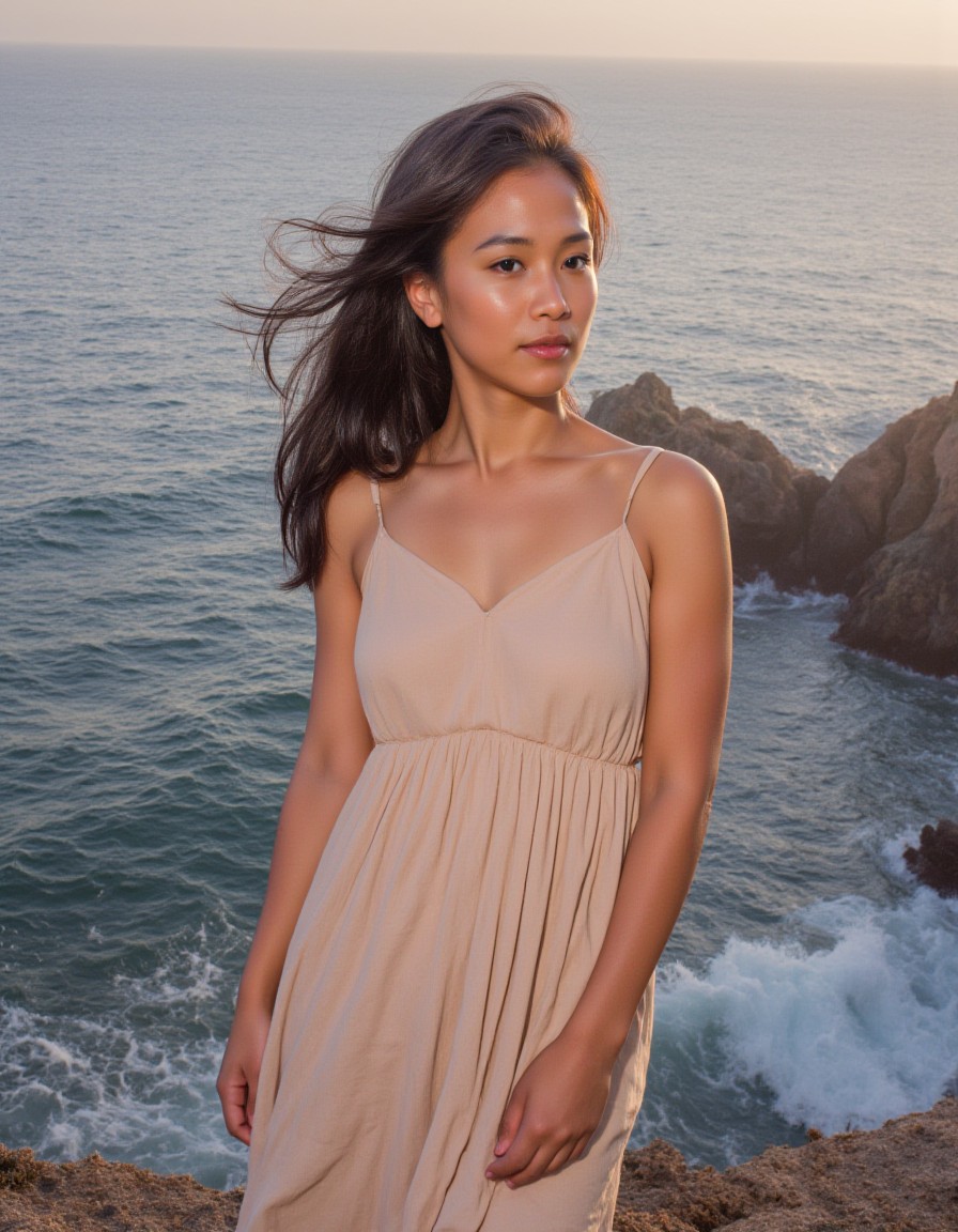 A serene portrait of a breathtaking Filipina woman standing on a cliff's edge at sunrise, overlooking a tranquil sea. The soft, golden light of dawn bathes her in warmth, illuminating her long, black hair, which gently dances in the breeze. She wears a flowing, light sundress that gracefully hugs her figure, hinting at her natural curves. The dress billows softly around her, mirroring the waves below. Her expression is one of peaceful contemplation, her deep brown eyes reflecting the colors of the sunrise. The scene captures a moment of beauty and tranquility, inviting the viewer to share in the serene morning ambiance., 1girl, perfectly flat chest, tiny perky tits