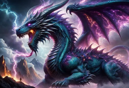awesome quality, dynamic,DonMDr4g0nXL dragon from behind,a extraterrestrial polar arcane serpentine Mokele-Mbembe, crowned head, mutton chops , purple volcanic electricity <lora:DetailedEyes_V3:0.8>,<lora:myLora\DonMDr4g0nXL-v1.1rb>
