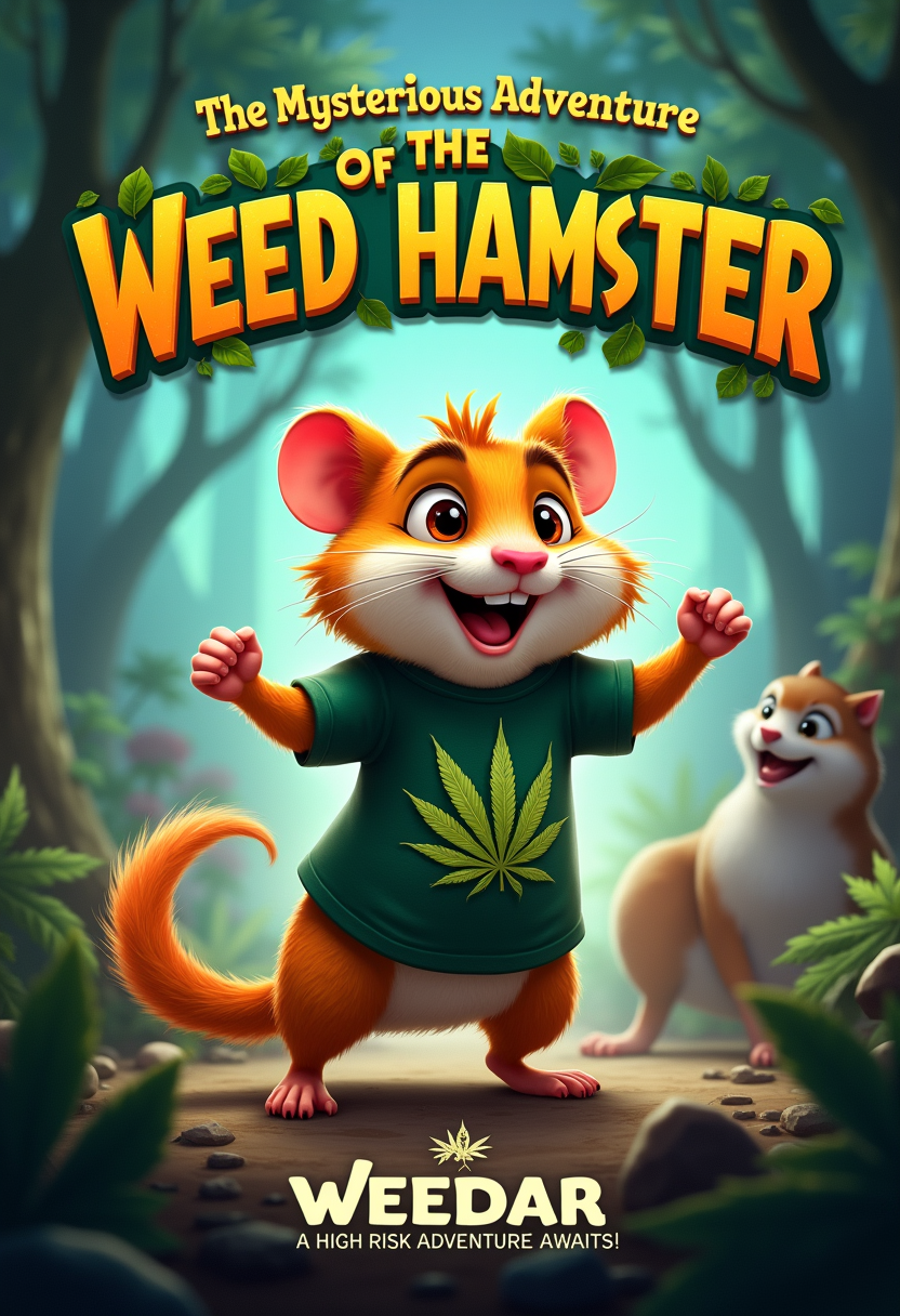 Title: Display the title "The Mysterious Adventure of the Weed hamster" in bold and playful text at the top or center of the poster.

Main Character: Depict a dynamic and charismatic but wasted hamster in a heroic pose, wearing a tiedie tshirt with a cannabis leaf,

Background: Include a colorful and exciting backdrop with elements like a mystical forest, a cannabis farm, and an ancient temple to hint at various adventures. Ensure the background is vibrant and engaging.

Supporting Characters: Add a few quirky and fun supporting characters such as a wise old turtle, a mischievous squirrel sidekick, and a villainous fox.

Weedar Branding: Incorporate the Weedar logo at the bottom or top of the poster to establish it as an official Weedar movie.

Tagline: Include a tagline that reads: "A high risk Adventure Awaits!" prominently on the poster.

Visual Style: Ensure the overall visual style is consistent with Pixar’s signature animation look – bright colors, expressive characters, and a touch of whimsy.
