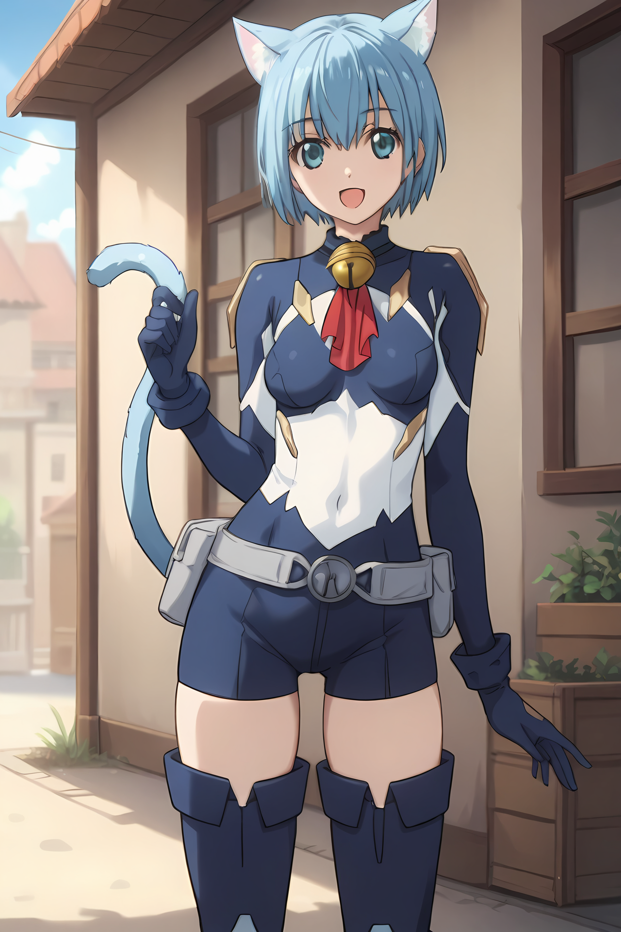 (blue bodysuit belt gloves thigh boots:1.50), cpc-melwin, blue hair, short hair, hair between eyes, aqua eyes, cat ears, cat tail, neck bell, collar, 
medium breasts, 1girl, solo, skinny, (source_anime, score_9, score_8_up, score_8, score_7_up), score_7, score_6_up, score_6, score_5_up, score_5, 
(happy:1.40),
(sunset outdoors:1.10),
(standing:1.60), (feet:1.10),
<lora:cpc-melwin-V02-000003:0.90>