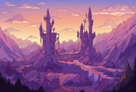 score_9, score_8_up, score_7_up, nature, landscape, castle, fantasy, purple, dawn, swirling clouds, jagged rocks, dark outline, sharp focus