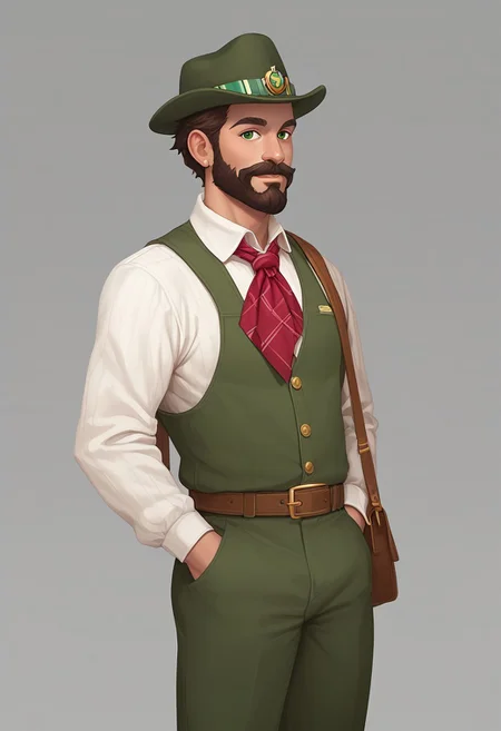 score_9, score_8_up, score_7_up, Casgas BREAK, 1boy, man, mature, solo, scout, short brown hair, green eyes, a neat beard and mustache, red handkerchief fastened with a golden ring around his neck, white shirt with 2 pockets on the chest, dark green trousers, brown belt with a golden buckle, a small bag on belt, dark green campaign hat with a brown ribbon, dark green scout hat, BREAK hands behind his back, standing, cowboy shot, looking at viewer, semi-sideways, half-sideways, BREAK simple background, blurred background, gradient on the background