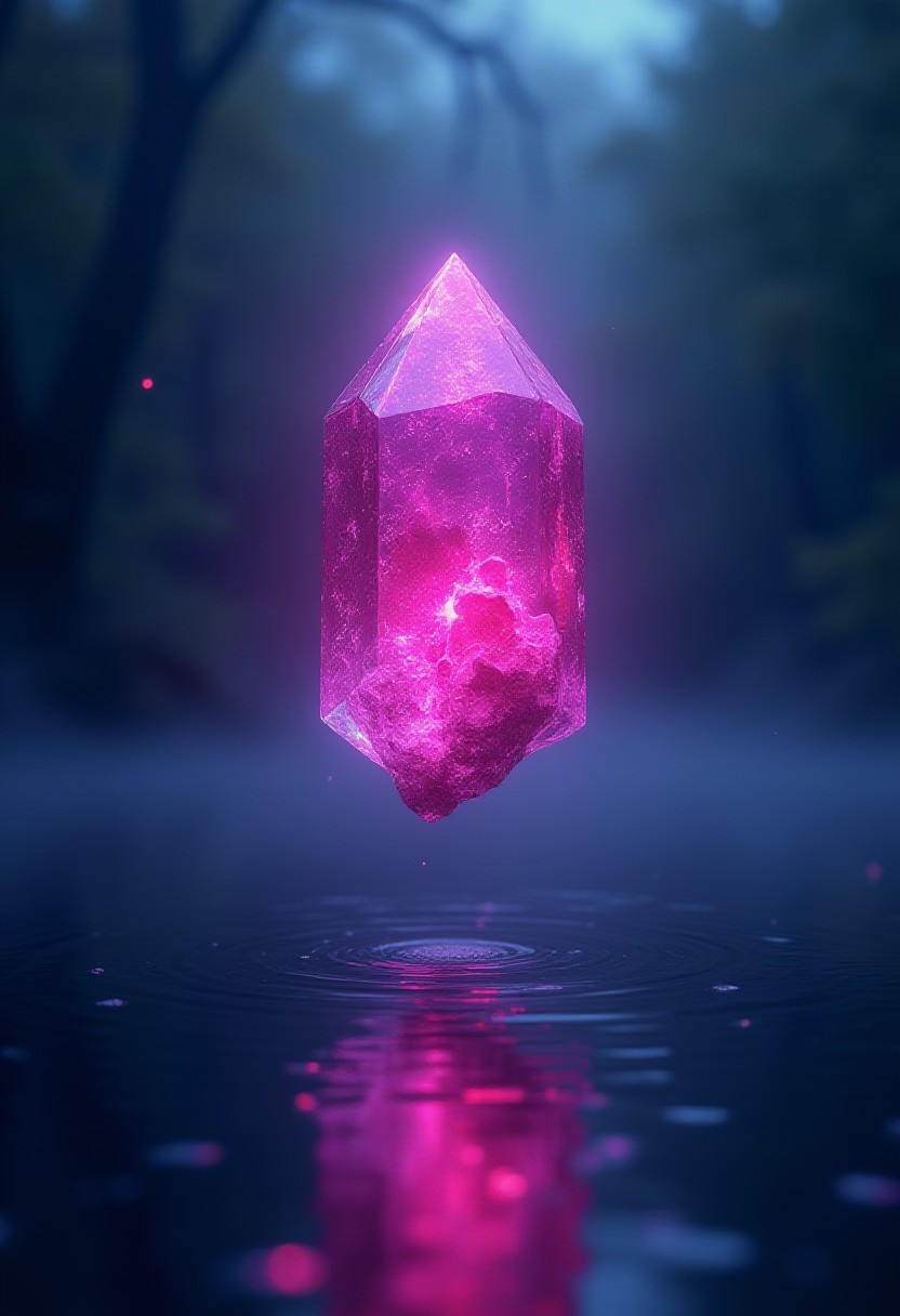 A red purple magical crystal floating in the air above a still lake, pulsating with magick energy, refracting light within the crystal, magic glow, purple glow, green glow, reflected on the lake's still surface, illuminated, masterpiece, highly detailed, graphic, raw
