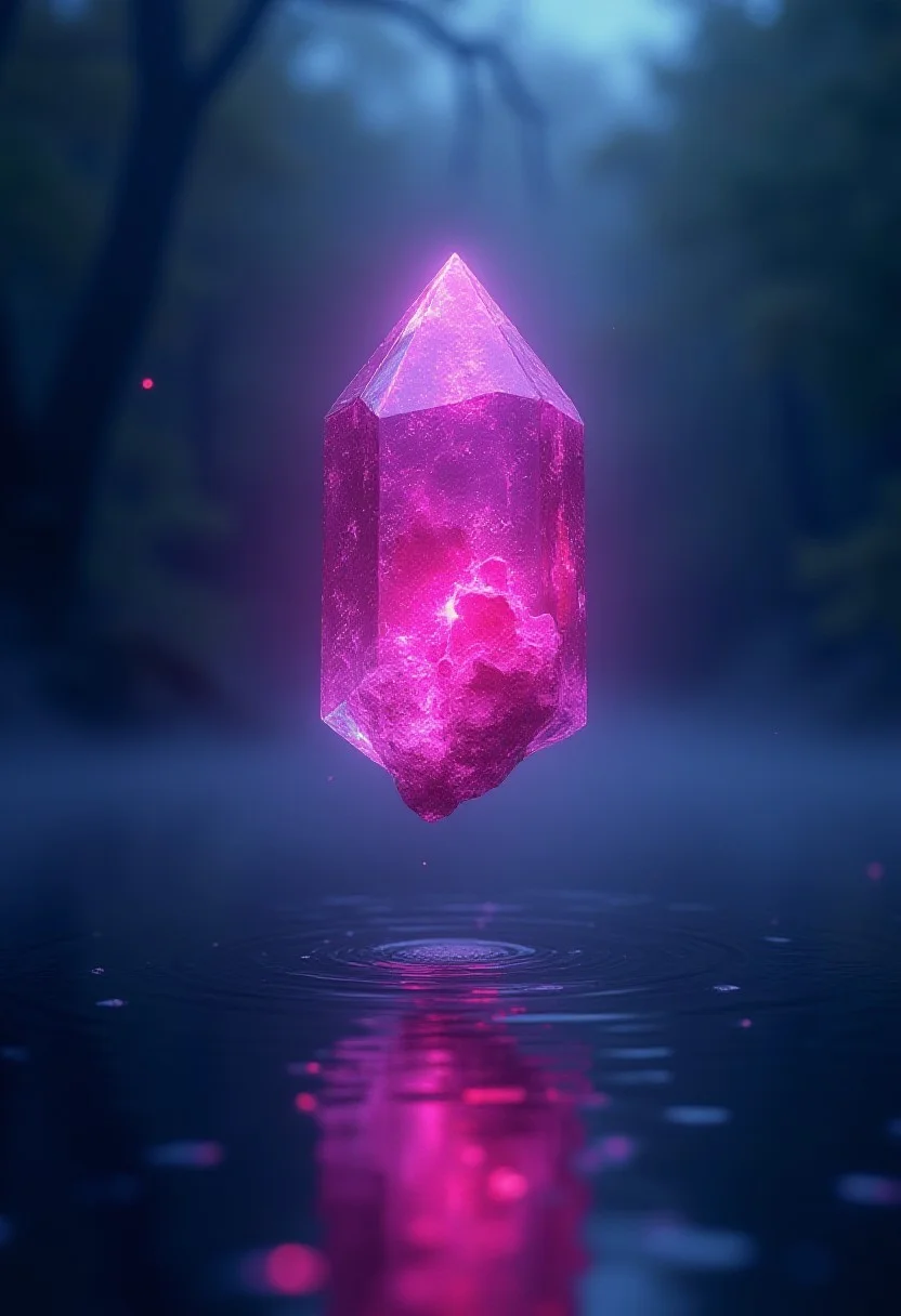 A red purple magical crystal floating in the air above a still lake, pulsating with magick energy, refracting light within the crystal, magic glow, purple glow, green glow, reflected on the lake's still surface, illuminated, masterpiece, highly detailed, graphic, raw
