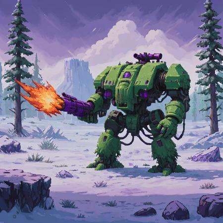 a four meter tall green and purple drdnght machine with heavy gun and rocket pod walks through icy tundra searching for enemies who hide behind frozen trees and boulders waiting in ambush, fire and flames spit from its flamethrower,