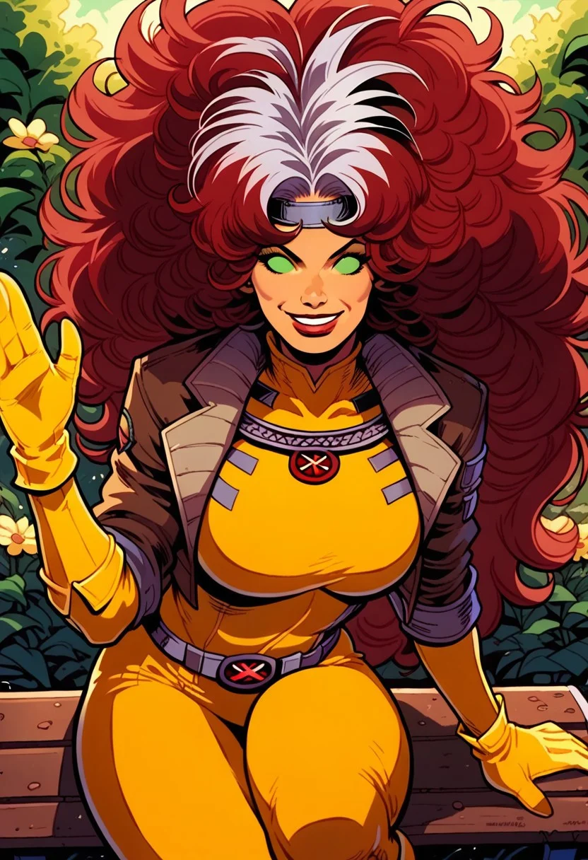 score_9, score_8_up, score_7_up,score_9, score_8_up,<lora:r0gue:0.85>,1girl, StarfireDG, red hair, orange skin, green eyes, no pupils, RogueXMXL, lipstick, red hair, two-tone hair, long hair, messy hair, headband, big breasts, cropped jacket, brown jacket, yellow bodysuit, long bodysuit, yellow gloves, belt, yellow boots, sitting on bench, smile, waving hand, smile, kind, looking at viewer, dynamic view, in the garden, sfw