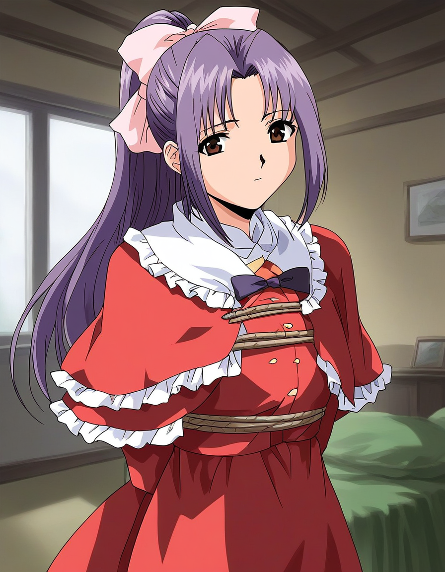 score_9, score_8_up, score_7_up, source_anime, rating_explicit, BREAK  <lora:Koigakubo_Momoko_Ver2_XL:1> koigakubomomoko, 1girl, solo, purple hair, dress, bow, hair bow, brown eyes, long hair, capelet, rope, long sleeves, red dress, looking at viewer, closed mouth, parted bangs, indoors, noose, bangs, frills, ponytail,