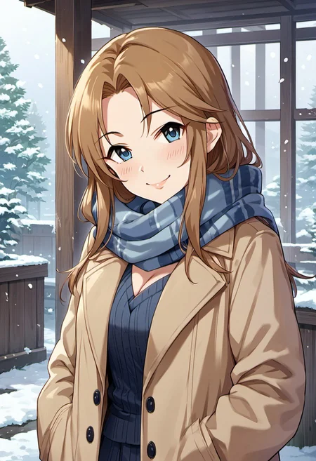 score_9, score_8_up, score_7_up, source_anime, matsumoto sarina, long hair, brown hair, blue eyes, 1girl, solo, scarf, smile, cleavage, looking at viewer, coat, blush, outdoors, parted bangs, snowing