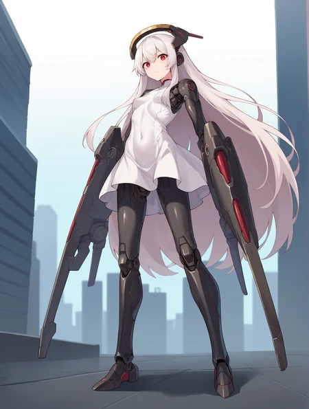 score_9, score_8_up, score_7_up, score_6_up, source_anime, uncensored, city,
BREAK
1girl, impossible clothes, dress, red eyes, solo, weapon, long hair, joints,  full body, covered navel, looking at viewer, grey hair, robot joints, small breasts, mechanical arms, very long hair, android, science fiction, mecha musume, mechanical legs, closed mouth, cyborg, white hair,  mechanical arms, mechanical halo, white dress, 
<lora:yunimaru:0.4>