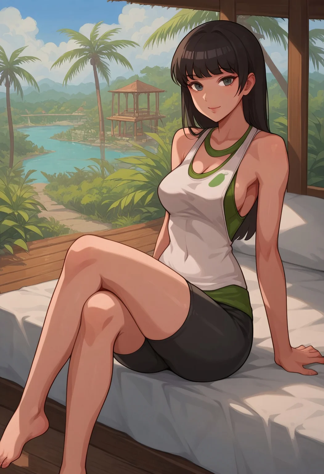 safe_pos, Score_9_up, score_8_up, score_7_up, score_6_up, BREAK, Expressiveh, dynamic angle, high quality, 1girl, solo, reynapl, black hair, bike shorts, sleeveless tank top, green camisole, perky breasts, cleavage, sitting on bed, legs crossed, looking at viewer, detailed scenery, tropical setting