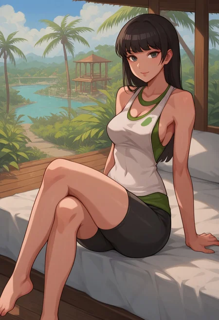 safe_pos, Score_9_up, score_8_up, score_7_up, score_6_up, BREAK, Expressiveh, dynamic angle, high quality, 1girl, solo, reynapl, black hair, bike shorts, sleeveless tank top, green camisole, perky breasts, cleavage, sitting on bed, legs crossed, looking at viewer, detailed scenery, tropical setting