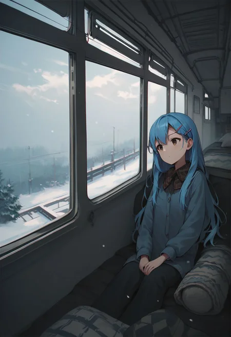 score_9, score_8_up, score_7_up, score_6_up, score_5_up, score_4_up, source_anime, 1girl, animeirl, pale blue hair, long hair, hair clips, brown eyes, indoors, snow, depressed, dark clouds,
