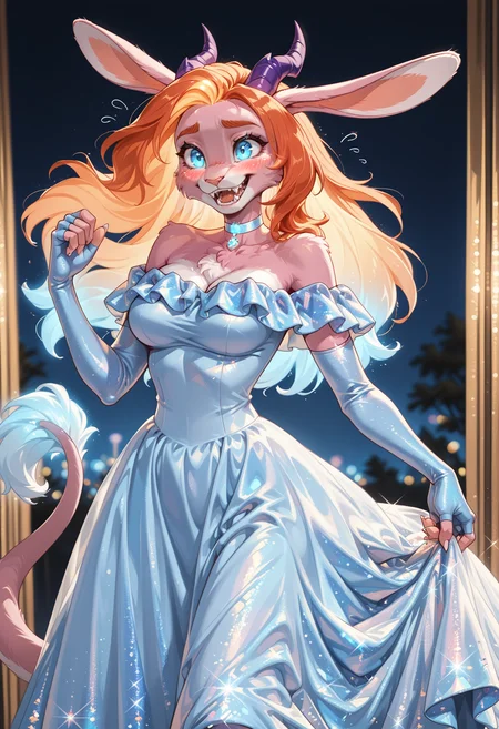best quality, newest, absurdres, highres, depth of field, blurry background, (1girl, solo), (dynamic pose):2, milf, nervous smile, blush, happy, light blue choker,
<lora:ponyv6_noobV1_2_adamW:0.5>
<lora:Vhenra2:1> vhenra, gradient hair, pink fur, purple horns, rabbit ears, blue eyes, long hair, anthro, orange hair, blue hair, fangs, orange eyebrows, glowing hair, night, fingerless light blue gloves, elbow gloves, long tail with blue tip,
<lora:Fran_Cervice_IL:0.4> fran cervice,
<lora:illustrious_flat_color_v2:0.7> flat color,
<lora:SkyBlueSequinOffShoulderDressILL:0.7> blue dress, glitter, bare shoulders, off-shoulder dress, holding up dress, showing off new clothes