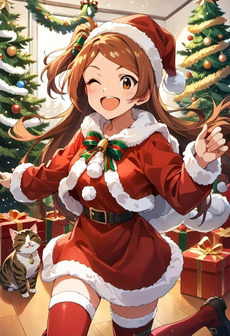 score_9, score_8_up, score_7_up, source_anime,ogami tamaki, long hair, brown hair, brown eyes, one eye closed, open mouth, christmas, smile, ;d, santa hat, one side up, 1girl, solo, santa costume, cat, christmas tree, thighhighs