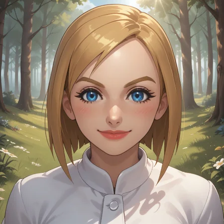 score_9, score_8, BREAK, solo, wii, mii, wii sports, 1girl, female mii, blonde hair, blue eyes, dark blonde eyebrows, blush, lips, white clothing, white pants, shoes, breasts, nintendo mii, modern_mii, classic_mii, Irina_(Wii_Sports), cute, sexy pose, self portrait, smile, outdoors, sunlight, shadows, evening lighting, natural lighting, forest, trees, grass, orange sky, sunset