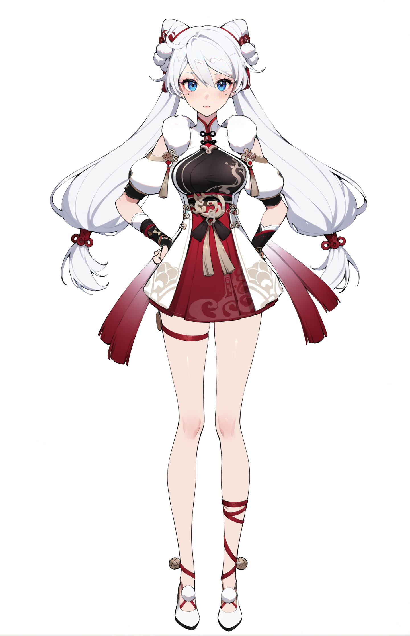8k, best quality, masterpiece, (ultra-detailed:1.1), (high detailed skin), 
(full body), white background, standing, looking at viewer, (solo), hand on hip, 
<lora:kiana-young-A3-Tanger-000011:0.7>, kiana kaslana, xuetu, 10th clothes, 1girl, blue eyes,white hair, bangs, long hair,double bun,
(beautiful_face), ((intricate_detail)), clear face, 
((finely_detailed)), fine_fabric_emphasis, 
((glossy)), full_shot,