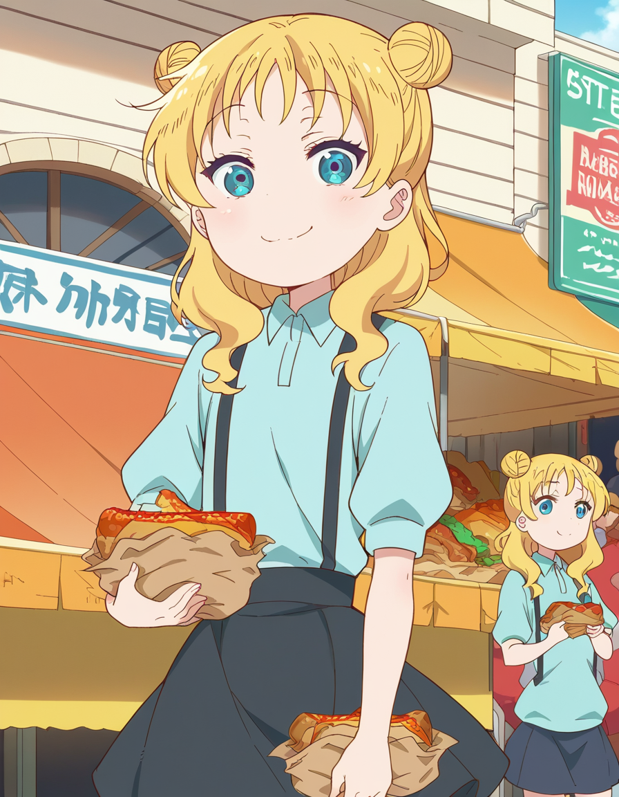 score_9, score_8_up, score_7_up, source_anime, <lora:dragon-chloe-s2-ponyxl-lora-nochekaiser:1>, chloe, blue eyes, blonde hair, hair bun, double bun, child, female child,, skirt, shirt, thighhighs, collared shirt, suspenders, blue shirt,, street market, vendor, street food, bustling crowd, local flavor, vibrant, , looking at viewer, smug, solo,, dutch angle,