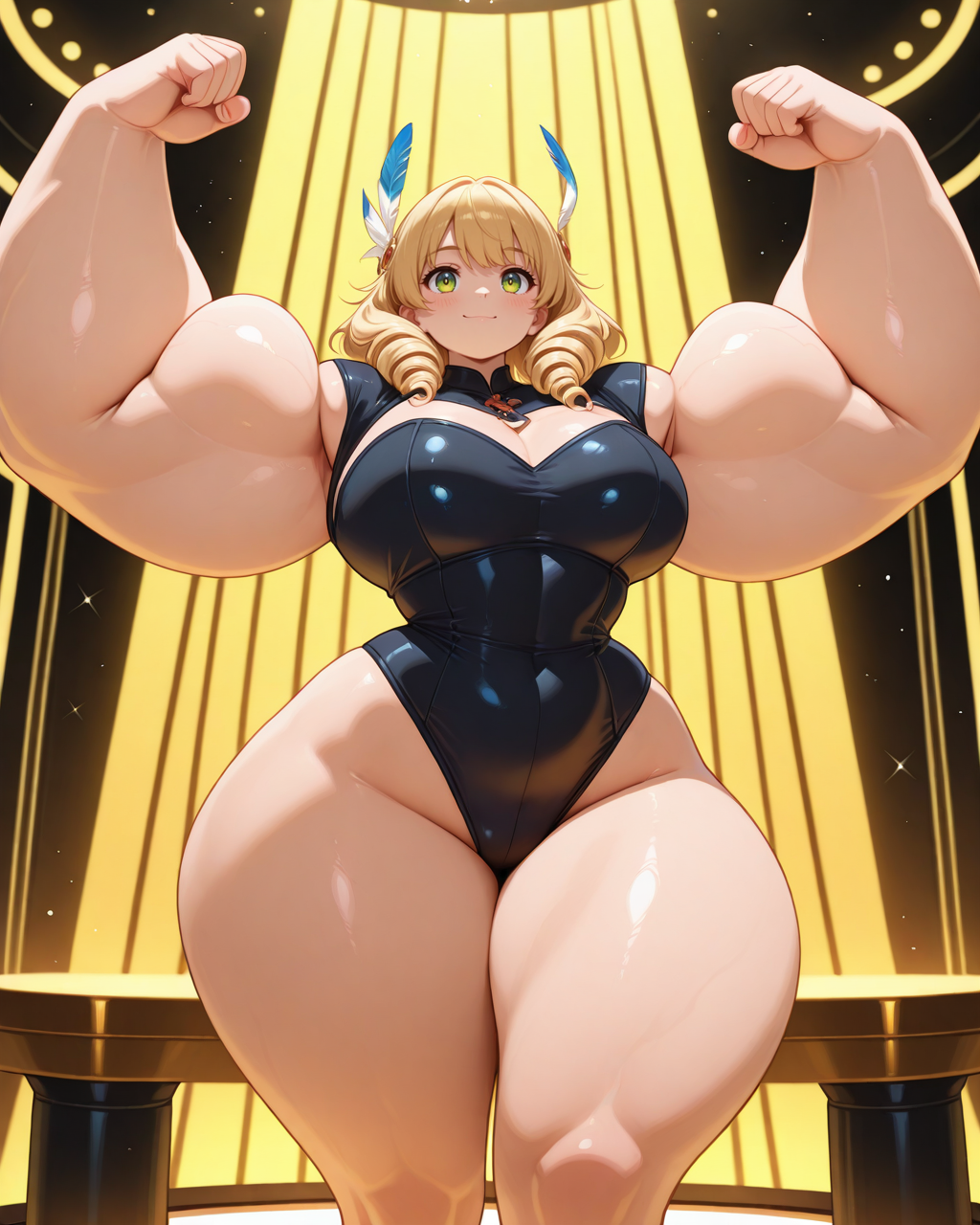 masterpiece,best quality,higres illustration,detailed face,1girl,<lora:huge_arms_IL:1>,huge arms,drill hair,blonde hair,dancing,feather hair ornament,leotard,stage,