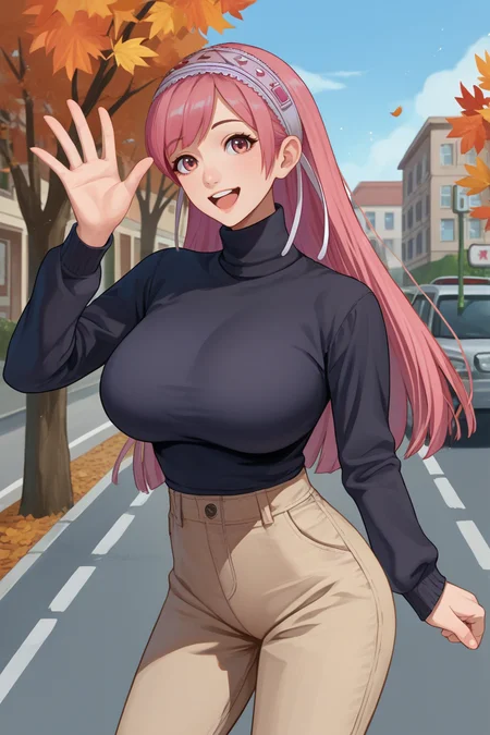 score_9, score_8_up, score_7_up, score_6_up, source_anime BREAK 1girl, solo, <lora:fecherche-pdxl-nvwls-v1-000005:1> defCherche, pink hair, hairband, black sweater, turtleneck, big breasts, beige pants, autumn, street, looking at you, happy, waving
