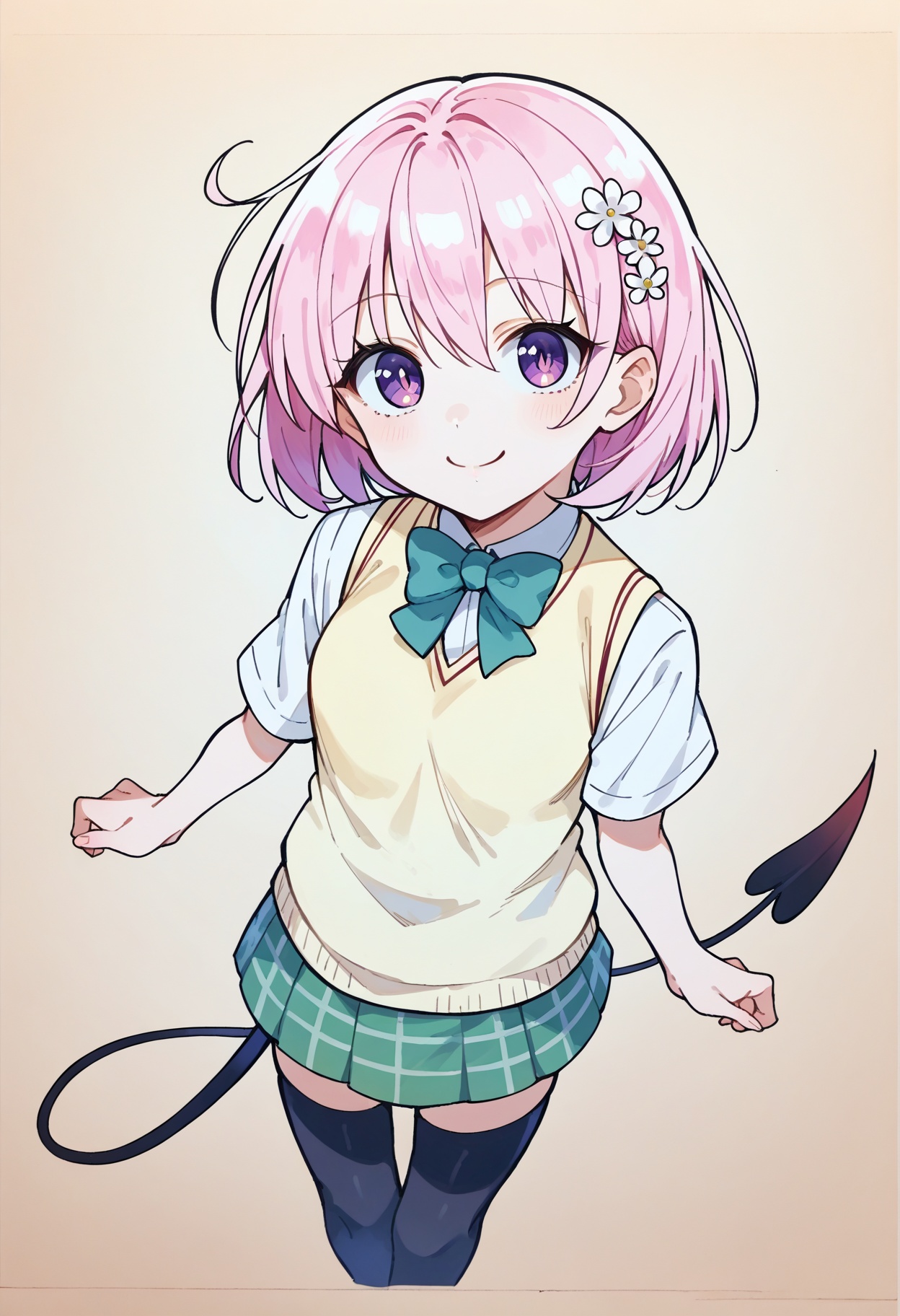 score_9, score_8_up,score_7_up, source_ anime, 1girl, simple background,
<lora:tlrmomo-pdxl-nvwls-v1:0.8> tlrmomo, pink hair, hair flower, green bowtie, yellow sweater vest, white shirt, short sleeves, green miniskirt, black thighhighs, demon tail,  <lora:traditional_slider_v1_NEGWEIGHT:-1.1>, upped body,  looking at viewer, smiling, standing,