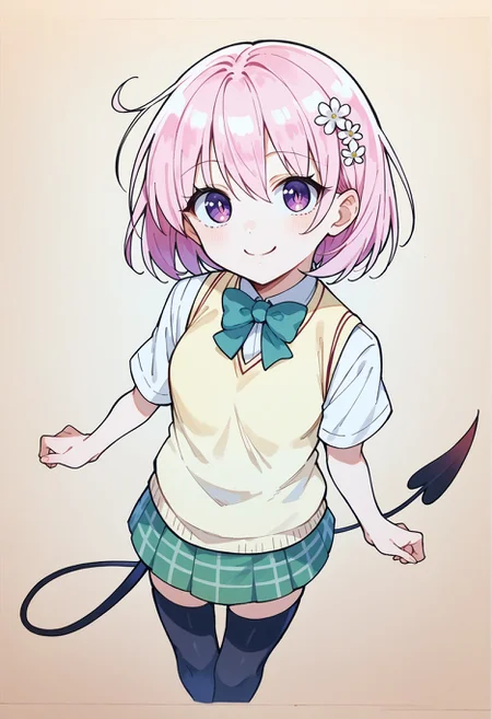 score_9, score_8_up,score_7_up, source_ anime, 1girl, simple background,
<lora:tlrmomo-pdxl-nvwls-v1:0.8> tlrmomo, pink hair, hair flower, green bowtie, yellow sweater vest, white shirt, short sleeves, green miniskirt, black thighhighs, demon tail, <lora:traditional_slider_v1_NEGWEIGHT:-1.1>, upped body, looking at viewer, smiling, standing,