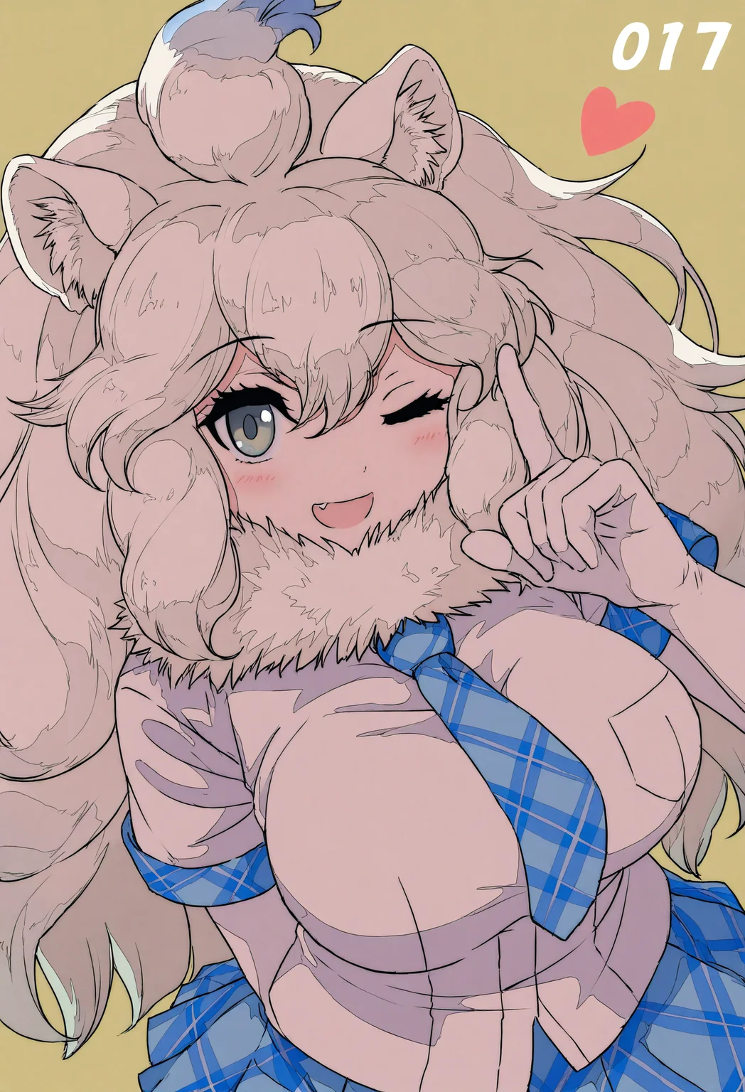 1girl, white lion \(kemono friends\), kemono friends,
animal ear fluff, animal ears, blue necktie, blue skirt, blush, breasts, elbow gloves, fang, gloves, grey eyes, heart, large breasts, lion ears, lion girl, long hair, looking at viewer, necktie, numbered, one eye closed, open mouth, plaid clothes, plaid necktie, plaid skirt, shirt, short sleeves, skirt, smile, solo, upper body, white gloves, white hair, white shirt, yellow background, ;d, plaid trim,
.
masterpiece, best quality, very aesthetic, absurdres
<lora:ç¦è¶forNoob:0.95>