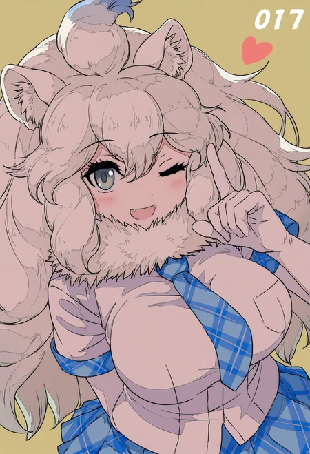 1girl, white lion \(kemono friends\), kemono friends,
animal ear fluff, animal ears, blue necktie, blue skirt, blush, breasts, elbow gloves, fang, gloves, grey eyes, heart, large breasts, lion ears, lion girl, long hair, looking at viewer, necktie, numbered, one eye closed, open mouth, plaid clothes, plaid necktie, plaid skirt, shirt, short sleeves, skirt, smile, solo, upper body, white gloves, white hair, white shirt, yellow background, ;d, plaid trim,
.
masterpiece, best quality, very aesthetic, absurdres
<lora:ç¦è¶forNoob:0.95>