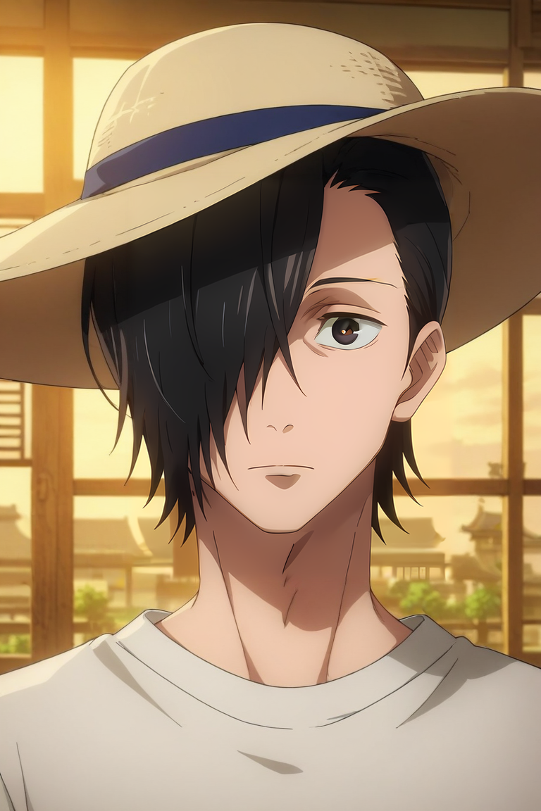 score_9, score_8_up, score_7_up, source_anime, rating_safe, intricate details, , looking at viewer, , 1boy, solo, male focus, <lora:junpei_yoshino_pony:0.9>, junpei_yoshino, black hair, black eyes, short hair, hair over one eye, straight-on, town, japanese architecture, indoors, light, jumping, heart eyes, , sun hat, <lora:sdxl_lightning_8step_lora:1>