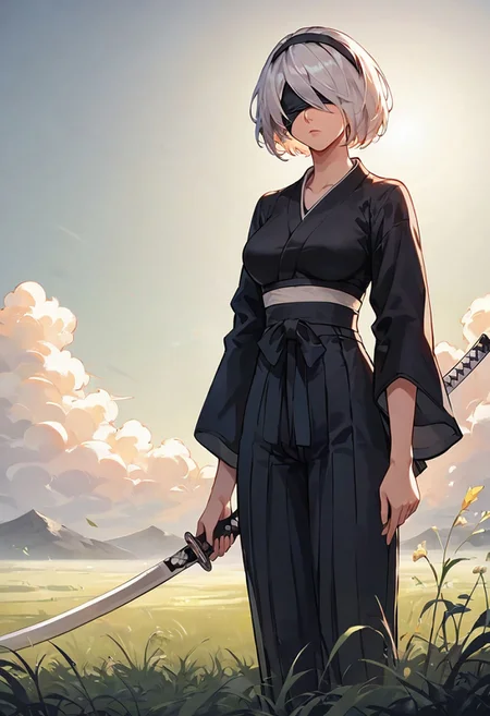 score_9, score_8_up, score_7_up, score_6_up, Masterpiece, beautiful, perfect face, sexy, YoRHa No.2 Type B (Nier Automata, white hair, medium hair, covered eyes, black hairband, black blindfold, kimono, hakama pants, medium breasts, (curvy), serious), face focus, holding katana, (((tall grass))), clearing, night, moonlight, beautiful cinematic lighting, volumetric lighting, dramatic lighting <lora:add-detail-xl:1.1> <lora:Smooth Anime Style LoRA XL:0.75> <lora:Concept Art Eclipse Style LoRA_Pony XL v6:0.25>