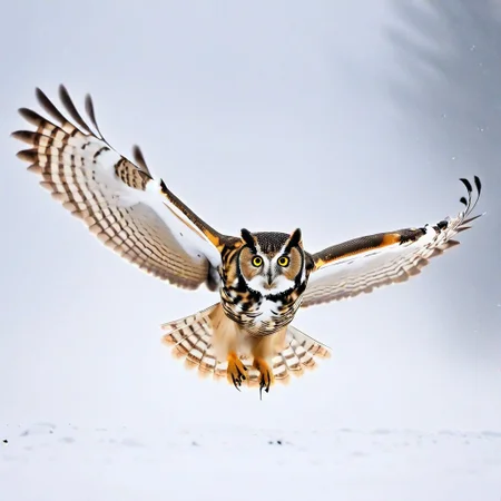 Action shot of an owl catching a rat. Finishing move. Ripple effect in the snow.