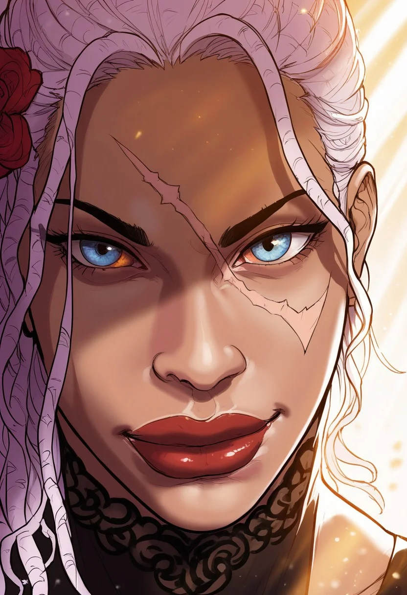 detailed face, detailed eyes, high resolution, intricate design, sharp edges, smooth, high detailed, god level, good proportions, detailed fingers, (masterpiece, best quality, ultra-detailed), (anime style, manhwa style:1.2)
...
(Andrea, 1girl, scar on face, scar across eye, white hair, dreadlocks. single hair bun, heterochromia, left orange eye, right blue eye, muscular female, black loin dress, single sleeve, jewelry, lipstick, thigh lace, huge thighs)
...
looking at viewer, standing, close up, (mid-range shot, upper body, from thighs up:1.2), 
...
score_10, score_9, score_8, 1girl, solo, alone, cinematic, sketch 
...
white background, flower borders, dynamic lighting, Flowers, (soft lighting, dramatic shadows), (sharp focus), (cinematic lighting:1.3), ( mystical aura), ethereal light rays, warm glow, realistic shading
