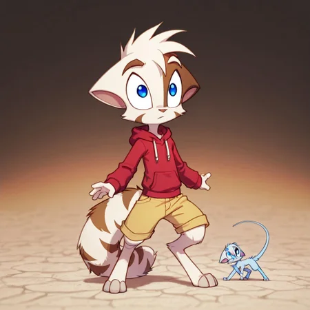 Mace, Dreamkeepers, 1boy, solo, anthropomorphic, feline-like, spiky hair, tail,solo, blue eyes, white fur, Digitigrade,
red hoodie, yellow brown shorts,
child, kid, chibi,