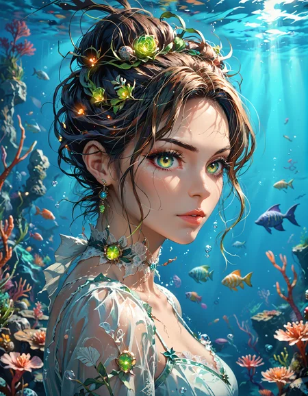 score_9, score_8_up, score_7_up, Masterpiece, best quality, source_anime, 1girl, solo, close-up face focus, wearing a highly detailed dress:1.5, dress with aquatic industrial elements, intricate metal accents with coral and algae textures, hair flowing gently in the water, serious expression, standing near a submerged nuclear station, massive cooling towers partially underwater in the background, faint blue-green glow around the area, scattered marine hazard signs, cracked, rocky seafloor, subtle bubbles rising from the station, flickering underwater hazard lights, distant whale sounds, soft glow from submerged emergency lights, dark, shadowy ocean with low visibility, eerie atmosphere, faint currents stirring sediment, post-apocalyptic underwater scene, bioluminescent control panels and reactors in the distance, reflections on her outfit from ambient lights,
 <lora:Abstract:0.5>,<lora:THRD_r1:0.6>, <lora:d3p1x3lXLP:1>