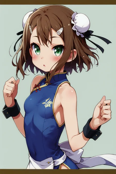 score_9,score_8_up,score_7_up,masterpiece,best quality,very aesthetic,absurdres,official art,official style,
Kinoshita Yuuko,solo,1girl,brown hair,chinese clothes,hair bun,bun cover,blush,apron,china dress,dress,hair ornament,green eyes,double bun,hairclip,wrist cuffs,short hair,small breasts,
<lora:Haga yui_XL_PONY:0.8>,