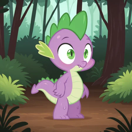 masterpiece, best quality, amazing quality, Spikemlpil, semi-anthro, male, dragon, purple skin, green eyes, light green ear fins, tail, standing, in forest, full body, <lora:4235ec91-e596-4e37-87a5-3f6d6d50c7c2:1.0>