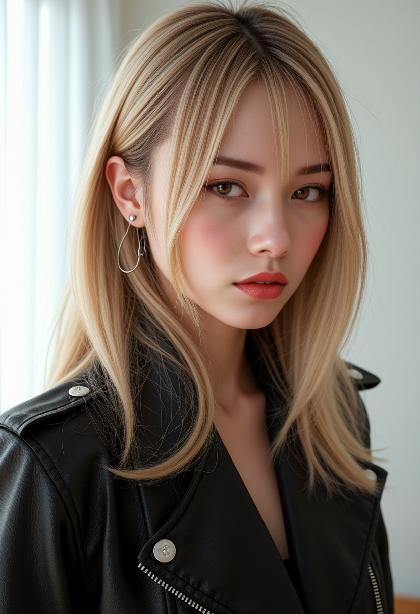 She is approximately 18 years old. Hyperrealism, she is looking at the camera, (dynamic angles), headshots of a beautiful, stunning unique female character. she has hair. her brown eyes are filled with joy and excitement, extravagant eyelashes,  A photo of Ae-cha, a woman, is shown. She has blonde hair and is wearing a black leather jacket. The photo is in black and white, giving it a classic and timeless feel. Ae-cha is posing for the camera, with a hint of a smile on her face. The composition of the photo is simple and elegant, focusing on the subject and her outfit..  She has a slight smile on her face and is looking directly at the camera. The background is a simple white wall.. making this image a masterpiece of photography and digital art. Style: realistic hyper-detailed rendering, 32k UHD, expressive eyes, punk, graphic design, girl's face, pretty and cute, gleaming lips, white skin, telling a tale of adventure. Exuding confidence and serenity. The background is a simple white wall. The overall mood of the image is happy and relaxed.RAW candid cinema,16mm,color graded portra 400 film,remarkable color,ultra realistic,textured skin,remarkable detailed pupils,realistic dull skin noise,visible skin detail,skin fuzz,dry skin,shot with cinematic camera,detailed skin texture,(blush:0.2),(goosebumps:0.3),subsurface scattering,beautiful photograph in the style of Augustus John,Sergio Toppi,Virginia Frances Sterrett,8k HD,detailed skin texture,ultra realistic,textured skin,analog raw photo,cinematic grain,whimsical,detailed hand,perfect hand.perfect style.