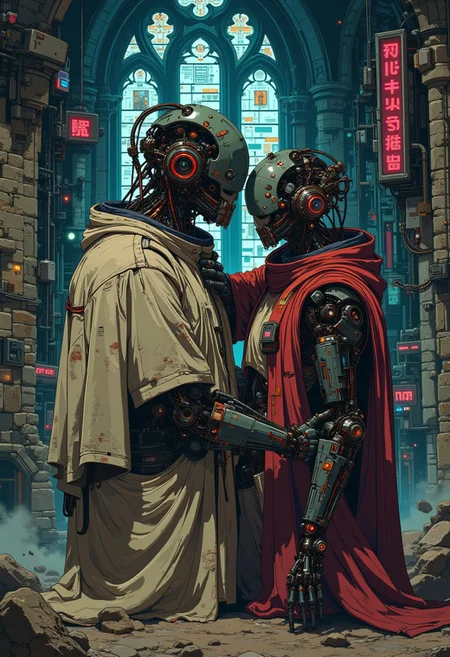 A cyberpunk scene depicting two old, partially rusty robots in a poignant embrace, with one appearing near death. Both are adorned in tattered, weathered robes, symbolizing a blend of spirituality and decay. The setting is an ancient monastery, where the architecture combines crumbling stone walls, gothic arches, and futuristic elements like flickering neon lights and integrated circuits. The atmosphere is heavy and emotional, bathed in soft, dim light that highlights the robots' intricate, rusted mechanical details and evokes a sense of loss and connection. The background shows a harmonious mix of ancient and cyberpunk elements, enhancing the solemn and reflective mood of the scene.DB4RZ, DB4RZ style painting,  in the style of cknc, anime, cyberpunk, A digital artwork in the style of cknc