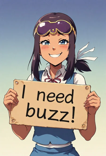 masterpiece, need_buzz, holding sign, anime, 1girl, Sarai, smug, gradient background