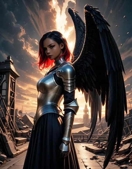 masterpiece, best quality, amazing quality, very aesthetic, absurdres, volumetric lighting, A digital painting of a dark-skinned female angel with large, feathered black wings, standing on a rooftop with a dramatic, stormy sky in the background. She has a serious expression and is surrounded by debris flying around her. The lighting is dramatic, with shadows and highlights on her wings and armor. The image is highly detailed and realistic, with a dark, moody atmosphere, ground level shot,side view
