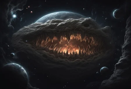 In the infinite space of space, a colossal cosmic creature appears, devouring planets and stars, its teeth the size of mountains, its eyes shining like stars. It is a dark cloud of all-consuming darkness. Bathing in the cosmic abyss, its form resembling a human face, outlined by an eerie white glow, whose sharp teeth want to devour you. This is the Devourer of Worlds.